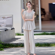 2025年夏季长裤圆领两件套可爱甜美时尚套装冷邹丝面料，女装套装/套裙，布依丽人