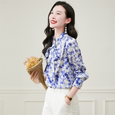 简约大气印花系带绿色蓝色真丝衬衫气质时尚白领春秋上衣，女装衬衫，阿舍尔精品