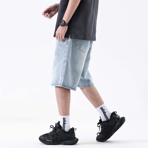水洗蓝灰渐变牛仔裤男夏季美式高街复古做旧阔腿短裤302#-P47图片