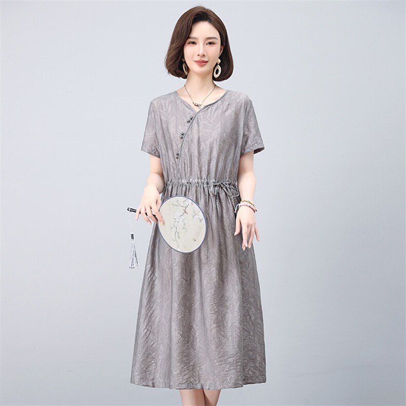2025夏装新款新中式盘扣收腰显瘦短袖连衣裙,女装连衣裙,雪樱依海