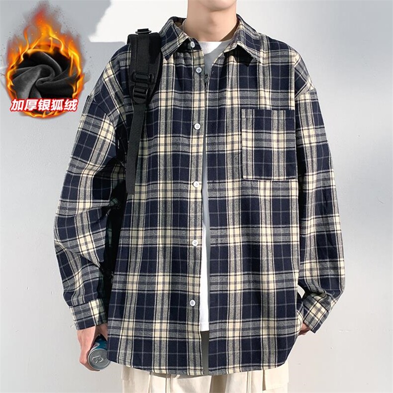 加厚银狐绒格子翻领长袖衬衫男潮流宽松衬衣C5450J加绒-特P38控68,男装衬衫,电商A001-1