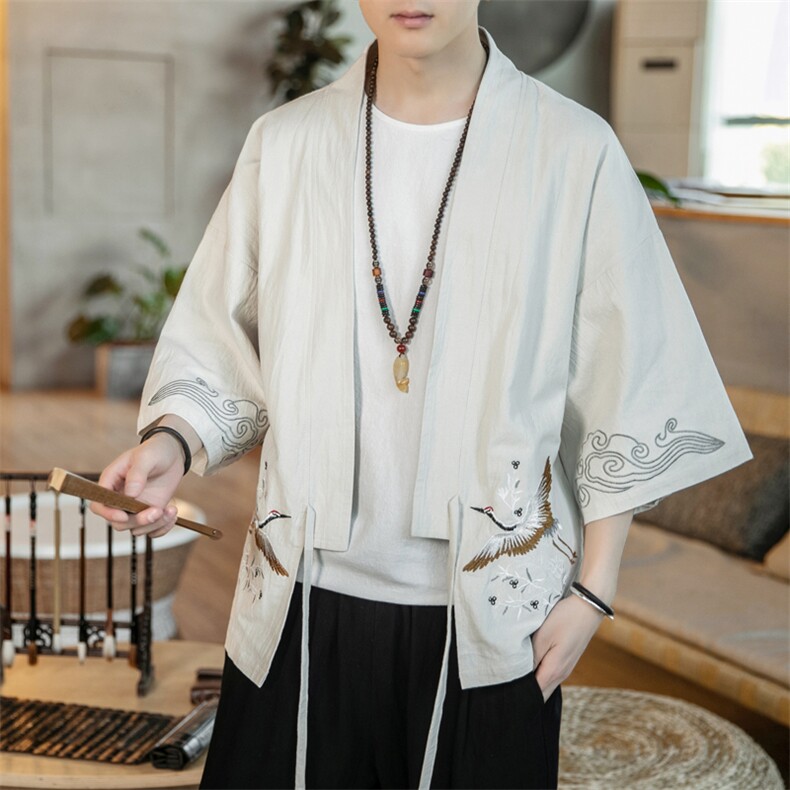 F861P55咖啡厅风仙鹤刺绣百搭潮流宽松休闲汉服大码外套,男装T恤,电商A026