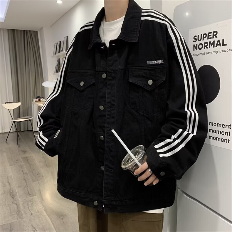 美式条纹拼接牛仔外套男宽松高街三条杠男生潮牌JM69-P8,男装夹克,星座1109-3