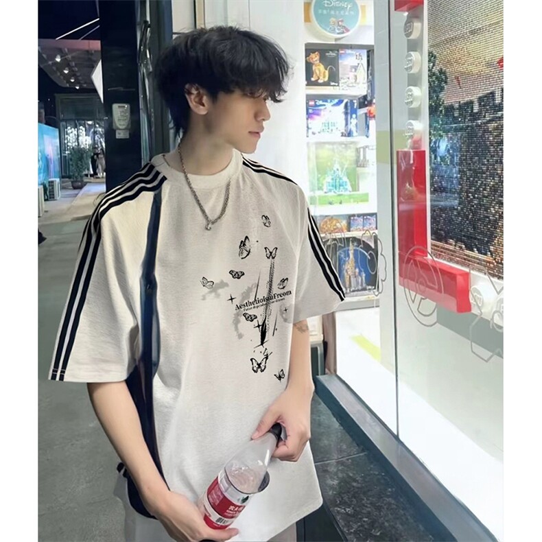 抖音得物品质二开240克宽松纯棉美式潮牌印花三条杠中性风短袖T恤,男装T恤,电商A486