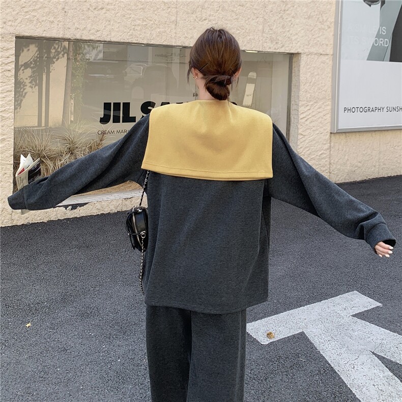 韩系撞色拼接休闲卫衣阔腿裤三件套女秋冬2025新款一整套ootd穿搭,女装套装/套裙,2C098