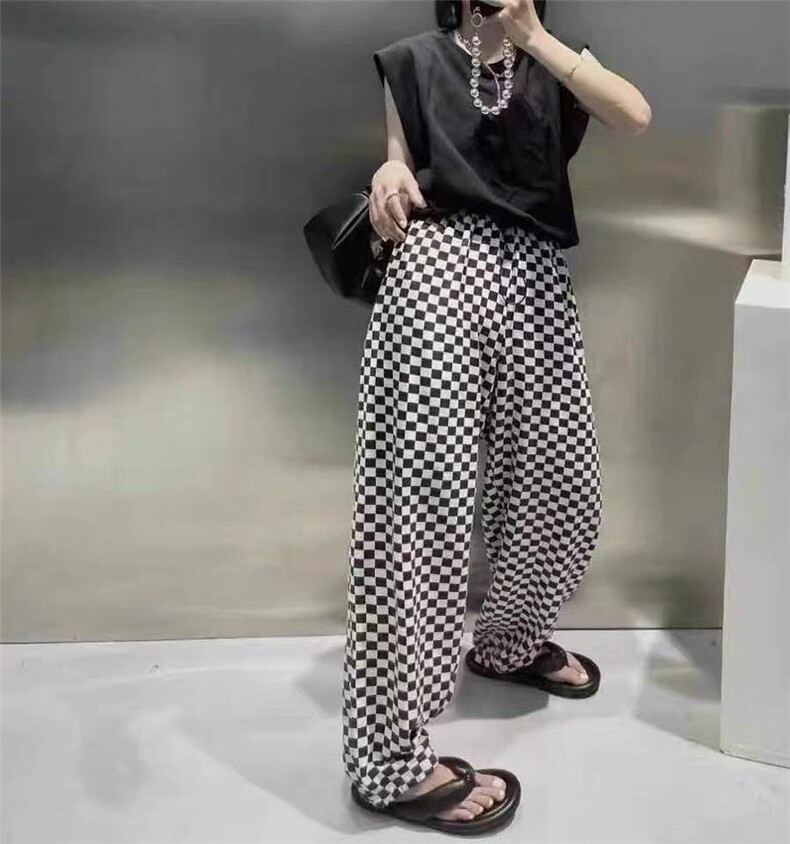 2022年春季新款时尚潮流抽绳棋盘格休闲卫裤,女装休闲裤,L·H·X