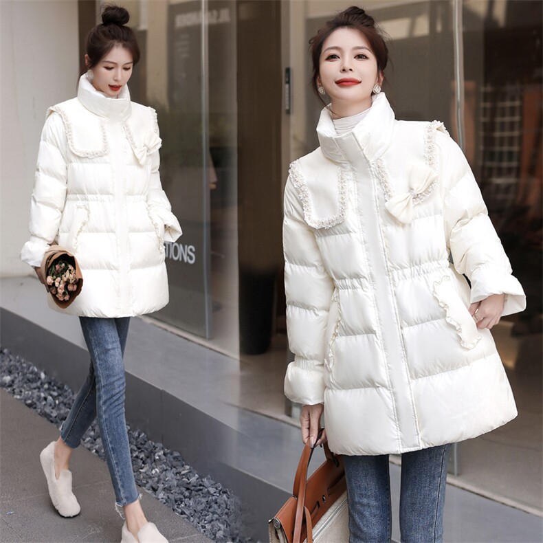 2022年冬季小香风立领中长款修身蝴蝶领纯色新款设计感加厚羽绒服，女装羽绒服，卡杰菲
