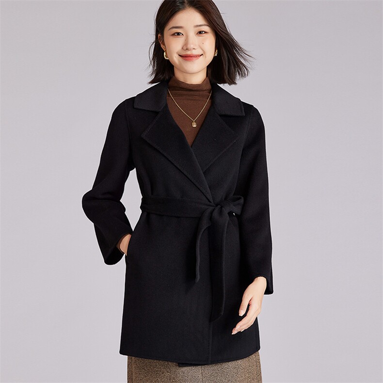 时尚百搭气质简约长款羊毛大衣女冬季新款修身显瘦黑色外套，女装双面呢大衣，羊程大衣