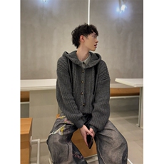 C316MY8004P88秋冬新款毛衣粗针开衫连帽深灰色浅蓝色毛衣，男装针织衫/毛衣，电商C316