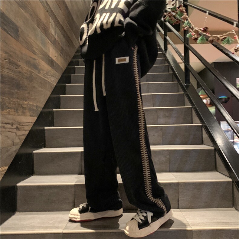 灯芯绒裤子男秋冬宽松直筒阔腿条纹拼接雪尼尔休闲长裤K0463-P40,男装休闲裤,星座308B-1