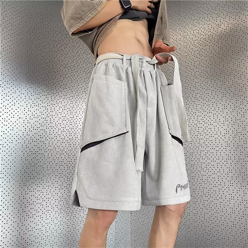 麂皮绒短裤男夏季美式痞帅大码宽松重磅刺绣五分裤子D2221-P40图片