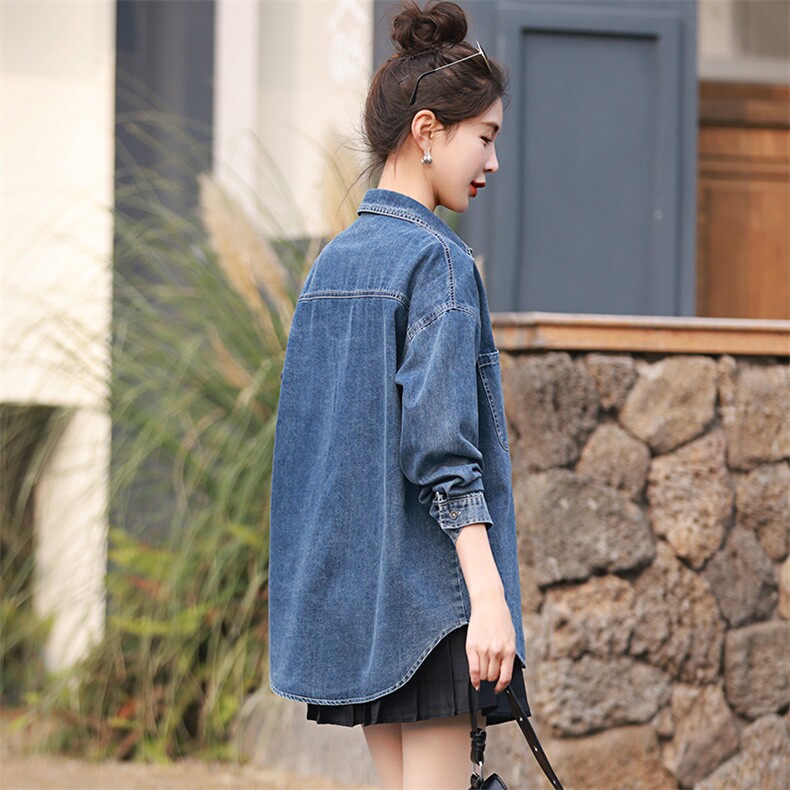 欧洲站牛仔衬衫女中长款2024春秋新款韩版宽松小个子衬衣外套上衣,女装衬衫,丽影随形