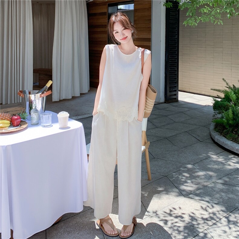 韩版蕾丝花边背心套装女2025年夏季新款休闲显瘦通勤阔腿裤两件套,女装套装/套裙,2C168