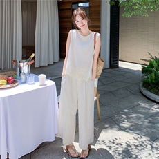 韩版蕾丝花边背心套装女2025年夏季新款休闲显瘦通勤阔腿裤两件套，女装套装/套裙，2C168