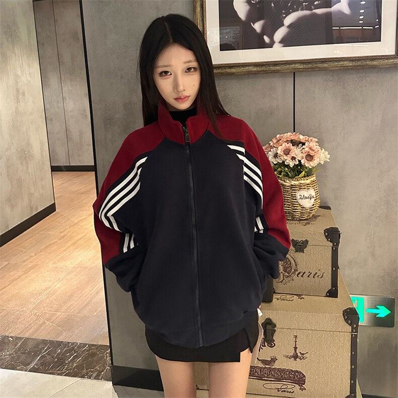 抖音得物高品质26春装美式高街重磅织带拼接撞色立领卫衣外套CM41,女装短外套,电商A486