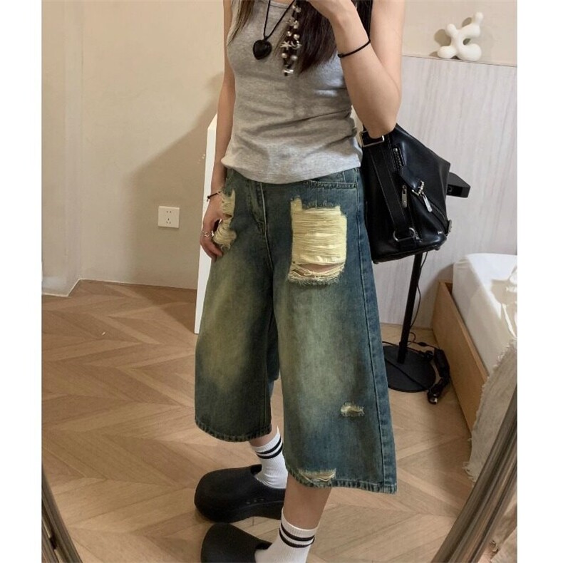 复古做旧破洞牛仔七分裤男女高街裤子高腰宽松直筒裤休闲阔腿裤,男装牛仔裤,星座601-1