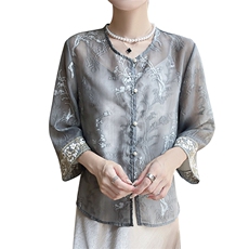 新中式国风外套七分袖薄款2025夏季刺绣开衫薄款欧根纱防晒衣上衣，女装T恤，圣丽羊绒