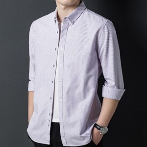 2023春季新款条纹衬衫长袖男宽松中年商务休闲翻领衬衣男装图片