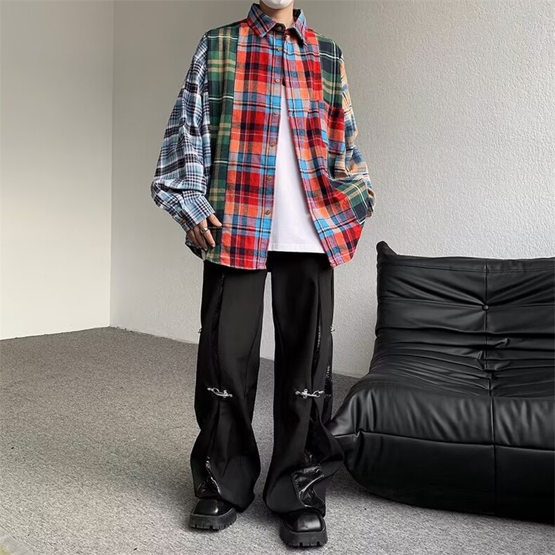 美式街头拼接格子衬衫外套男2023冬季新款潮流格纹衬衣CY573-P41,男装衬衫,星座412-3