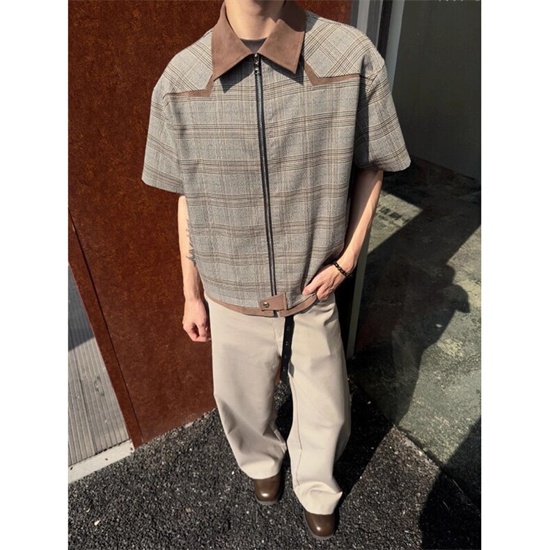 自制~高品质千鸟格拼皮领解构短袖休闲衬衫CS7798P55,男装T恤,星座908