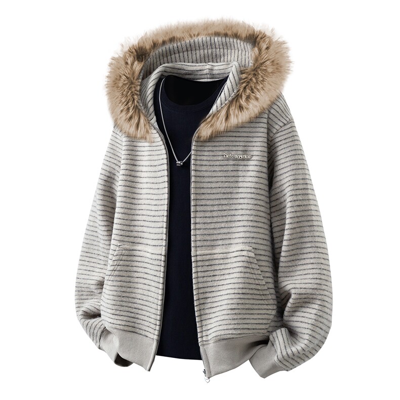 条纹毛领连帽78%晴纶19%锦纶3%氨纶S-XL开衫卫衣WY78133特P78控，男装卫衣，星座227-7