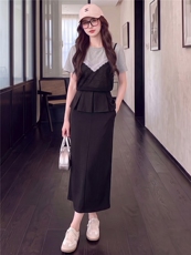 高级感时尚休闲套装女夏新款圆领蕾丝拼接上衣开叉半身长裙两件套，女装套装/套裙，江南