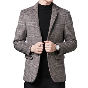 中年男士羊毛格子西装秋季商务休闲单西服男上衣外套SJM3818-P180，男装西服，电商B212（原钱塘6029）