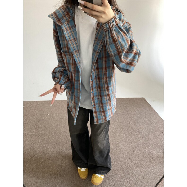 秋宽松衬衣磨毛美式连帽复古格子衬衫外套女春秋长袖上衣C349,男装衬衫,星座1116A（原606A-3）