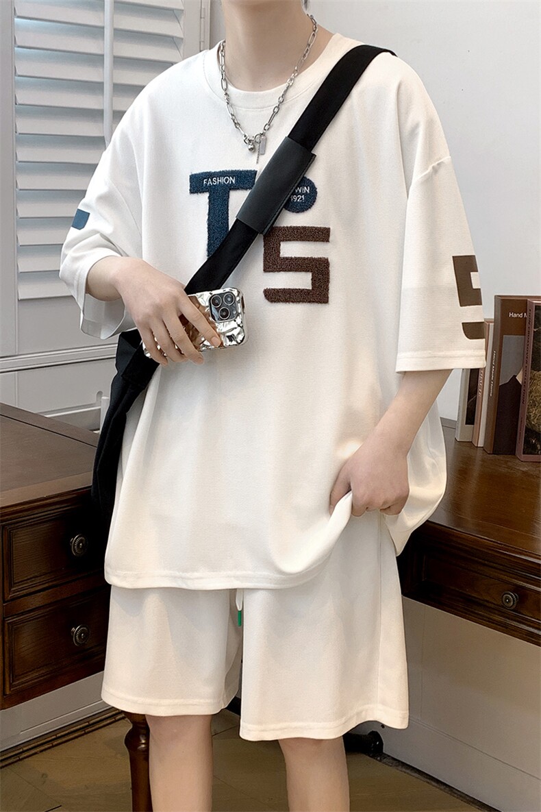 2024夏上新潮毛巾绣时尚半袖套装休闲圆领T恤男女6635-P60控价88,男装T恤,电商A441-1