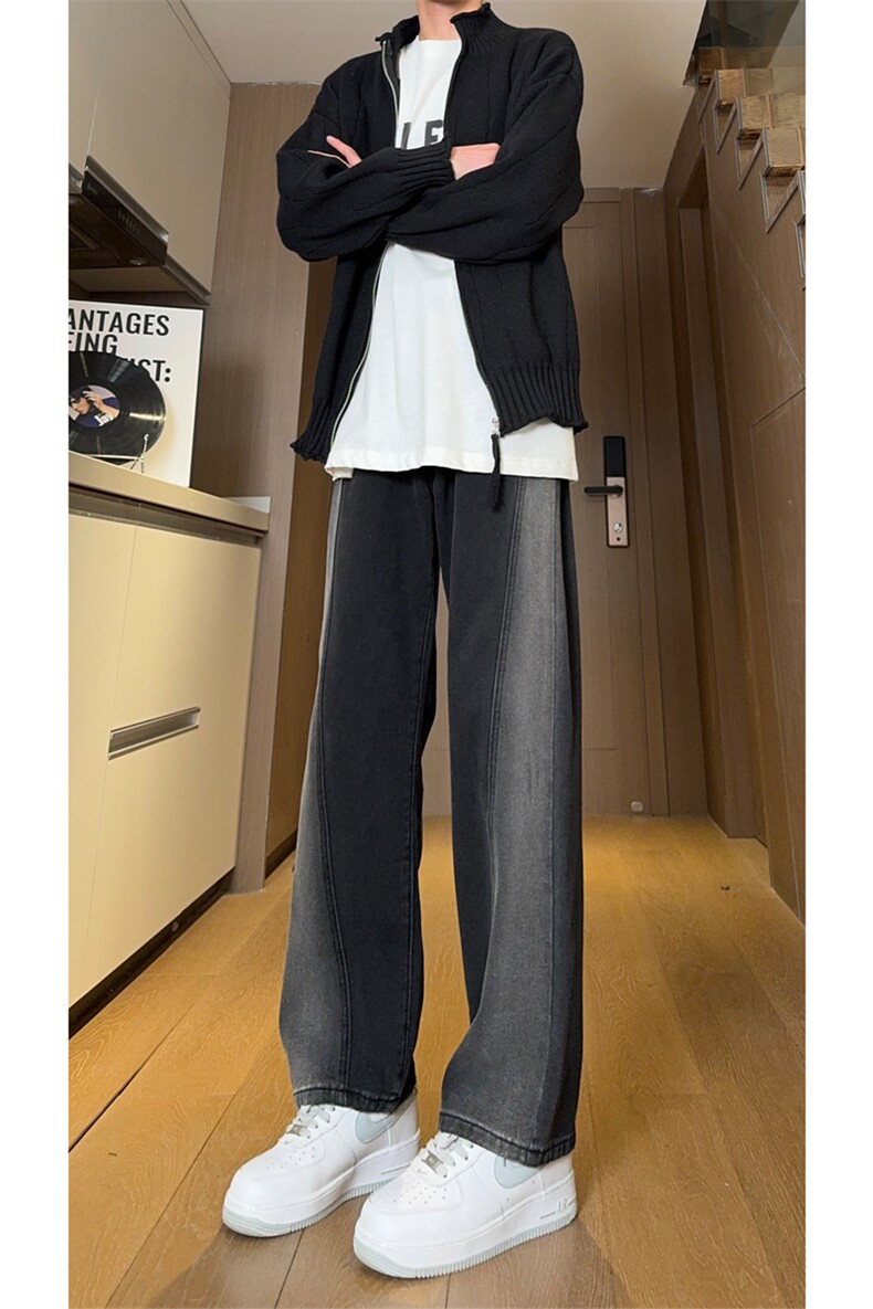 现货黑紫色拼接宽松阔腿直筒撞色休闲牛仔裤男女K5820-P50控78,男装牛仔裤,星座205