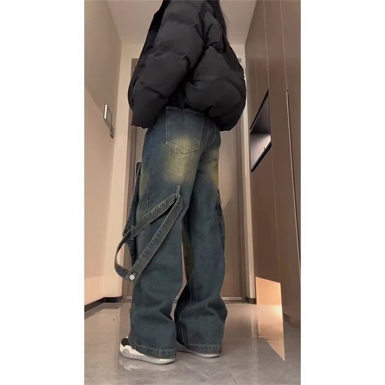 美式复古蓝工装牛仔裤男痞帅炸街设计感水洗做旧阔腿裤L88122-P55,男装牛仔裤,星座1008