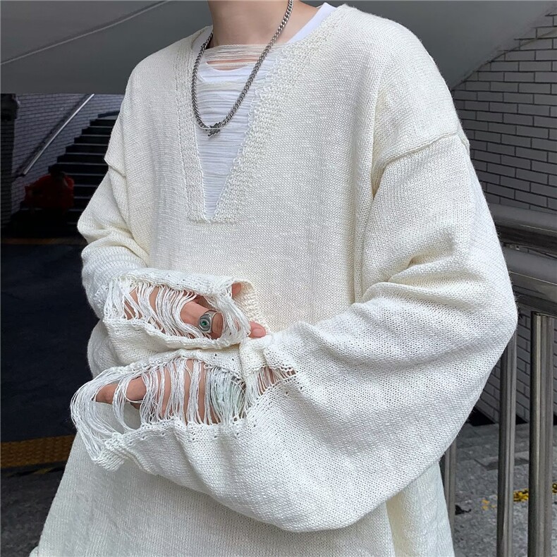 秋季薄款流苏针织衫男女款高街美式街头设计感破洞宽松情侣装毛衣,男装针织衫/毛衣,星座716-3