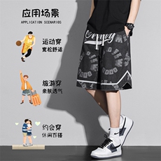 字母印花美式牛仔短裤男夏s宽松直筒大裤衩过膝中裤DK22872-P48，男装牛仔裤，电商A042