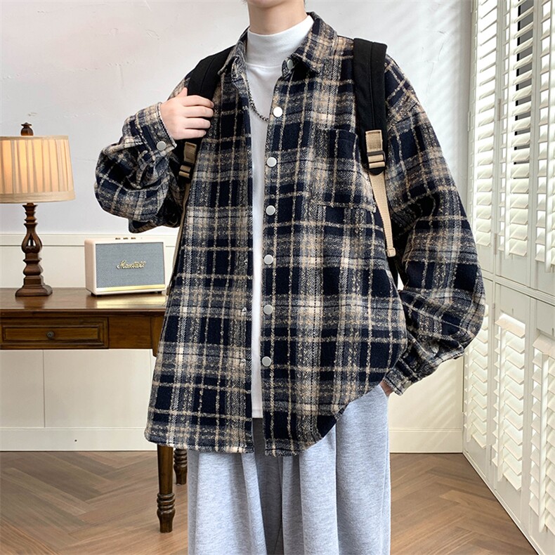 春款男士毛呢衬衫长袖宽松格子衬衣休闲夹克外套A011-2/8809P55,男装夹克,电商A012