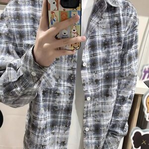 新款流行灰色扎染格子衬衫男夏季原宿气质慵懒文艺ins CS38图片
