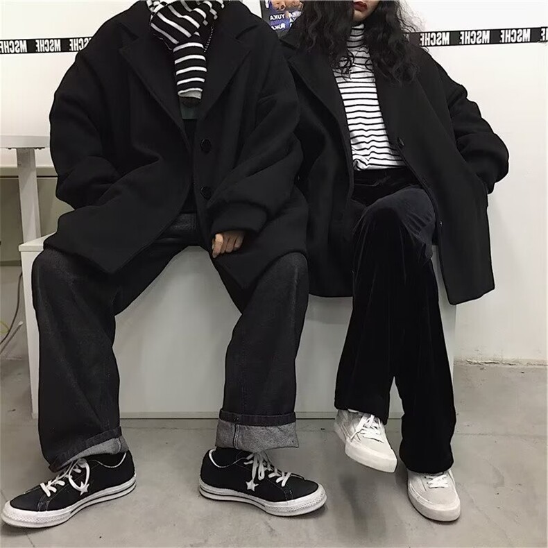 1506-1/M5011/P69韩系赫本风黑色毛呢大衣男中长款情侣装外套,男装毛呢大衣,星座1506-1