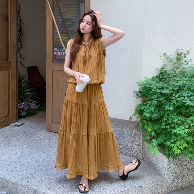 黄色无袖上衣半身裙套装女夏2025新款法式减龄气质长裙两件套爆款,女装套装/套裙,秋水欣儿