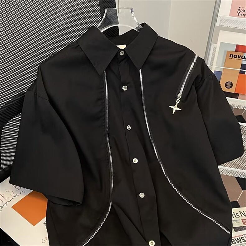 24夏季小众设计港风纯色衬衫短袖潮流百搭衬衣中性风-CS21,男装T恤,星座1002-2