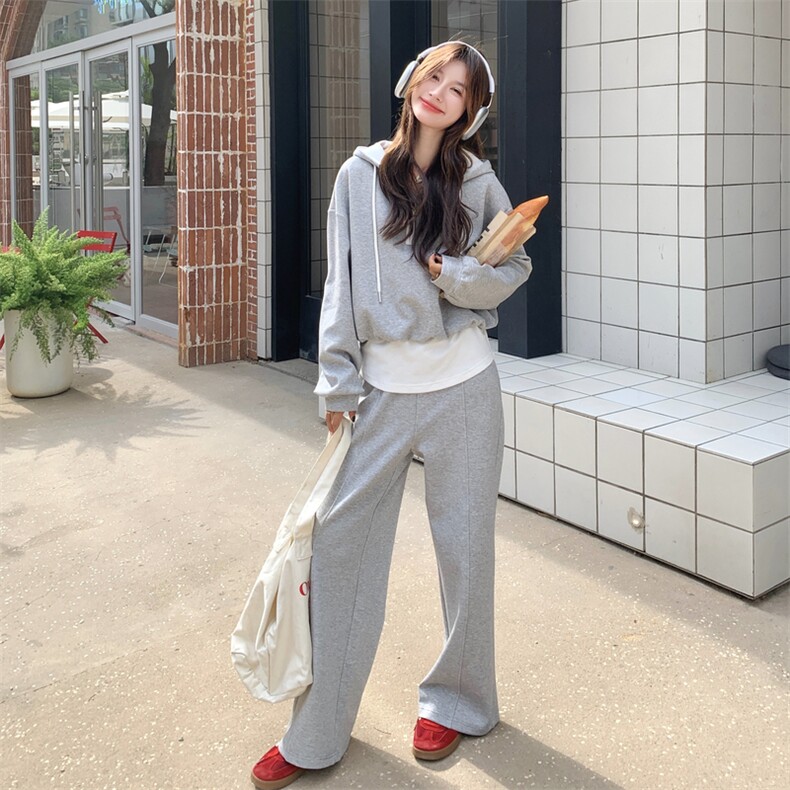 灰色运动套装女2025秋季新款撞色拼接减龄连帽卫衣长裤休闲两件套,女装套装/套裙,2D076
