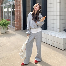 灰色运动套装女2025秋季新款撞色拼接减龄连帽卫衣长裤休闲两件套，女装套装/套裙，2D076