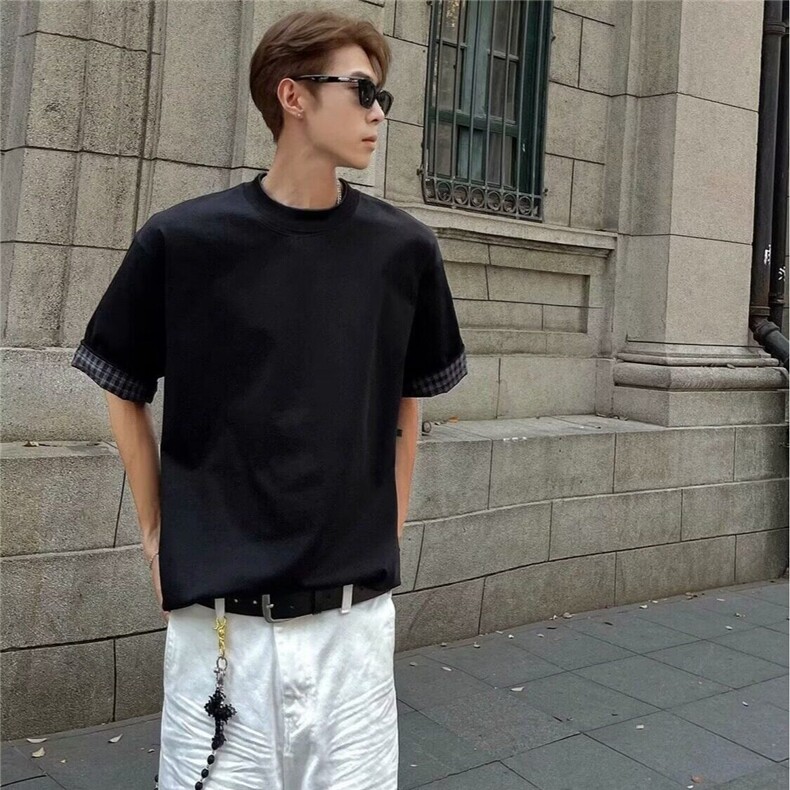 网图夏季格子翻边设计短袖假两件文艺时尚休闲T恤TX23-P40,男装T恤,星座1001-1