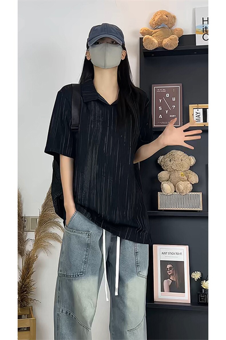 美式风短袖时尚潮流男女宽松型简约肌理感翻领上衣T3703-特价P27,男装T恤,电商A007