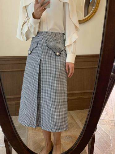 独屿2021春格纹复古半身裙，女装半身裙，独屿