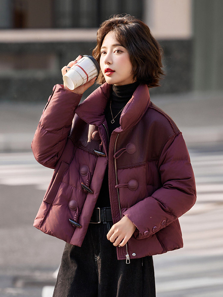 小个子羽绒服女2024冬季新款独特超好看设计感短款红色拼皮厚外套,女装羽绒服,靓衣阁