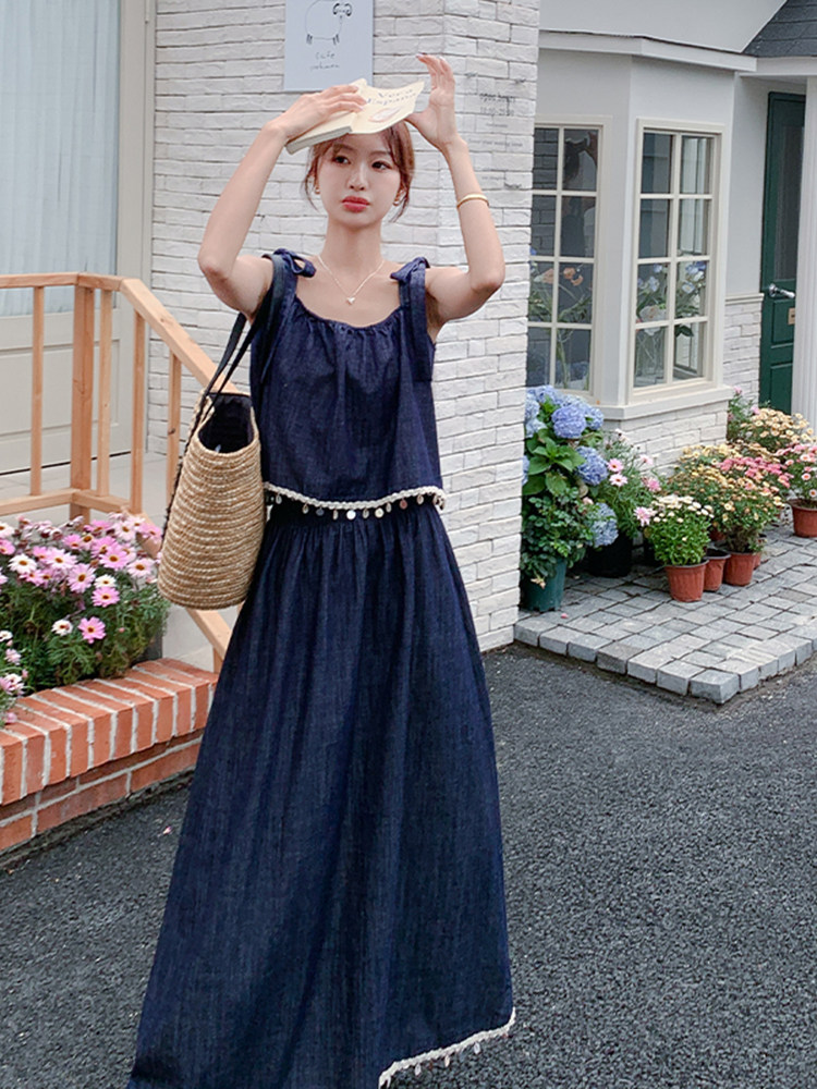 牛仔休闲时尚套装女2025年夏季新款薄款透气吊带上衣半身裙两件套,女装套装/套裙,浙宝220