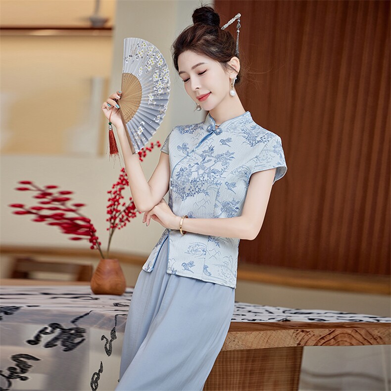 《48H》2025新中式提花盘扣斜门襟上衣+阔腿裤,女装套装/套裙,难舍钰依