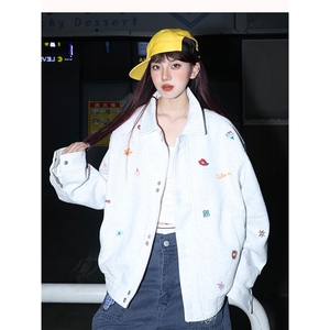 新品小花刺绣翻领外套男女美式复古短款百搭情侣夹克图片
