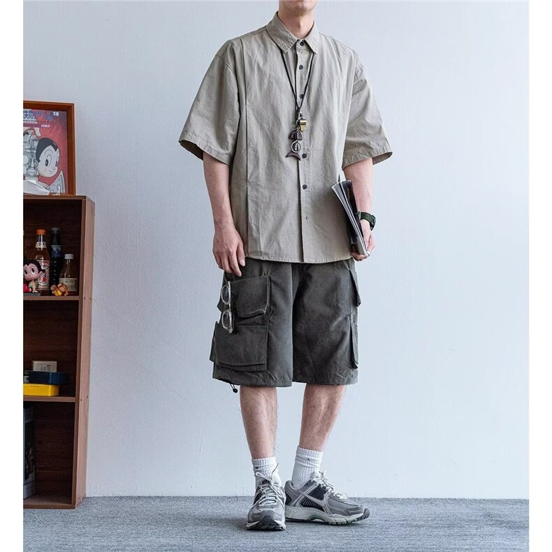 潮牌日系简约纯色短袖衬衫夏男女复古街头中性休闲百搭五分袖衬衣,男装T恤,星座1210-1