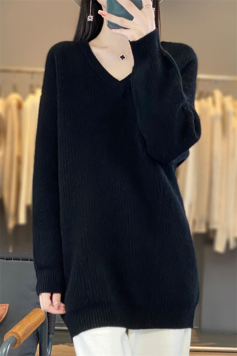秋冬纯色V领长袖针织衫女韩版宽松时尚百搭上衣内搭毛衣,女装羊毛衫,忠诺羊绒