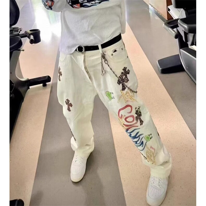 男女同款经典涂鸦彩绘豹纹十字架直筒牛仔裤女设计感休闲长裤子,男装牛仔裤,星座506A